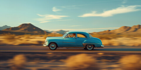 Obraz premium Joy ride concept. Unknown blond man driving gorgeous vintage blue car in American Southern state. Text space. Cinematic style. Outdoor shot