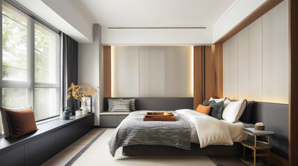 Minimalist bedroom interior with a large cozy bed. Modern bedroom design with a large window. Design and interior concept.