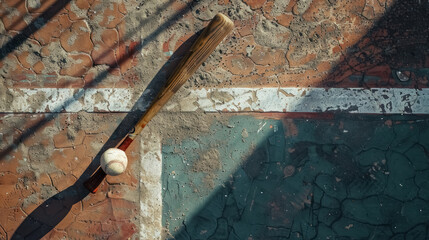baseball bat and ball on weathered urban court top view for sports equipment ads
