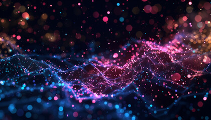 Cosmic black background with neon tiny molecular formations vibrant small polygons depicting an advanced technological universe.