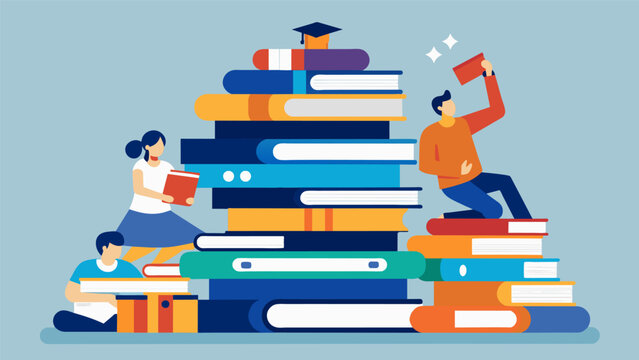 A stack of borrowed books as members eagerly swap and recommend titles to add to each others Revolutionary War reading lists.. Vector illustration