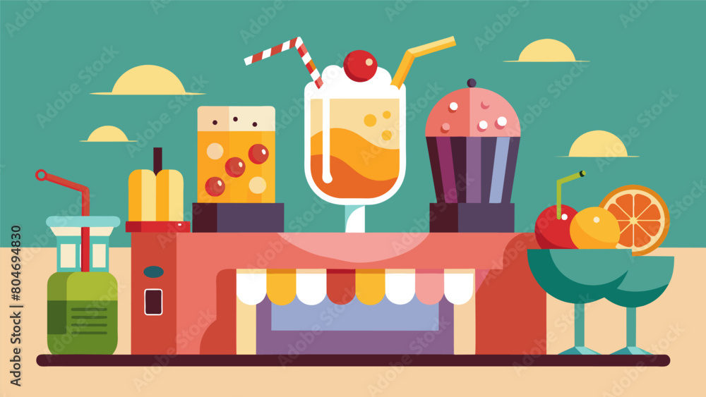 Poster A mocktail station where guests can mix and match ice cream flavors to create their own float inspired by the Prohibition era.. Vector illustration