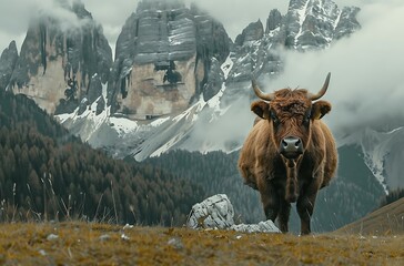 dark brown bull standing in front of the massive, towering peaks of Dolomale mountain rang