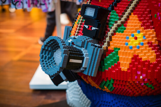 Copenhagen, Denmark - April 7, 2024: Huge Lego sculpture of a photo camera at the Lego shop in Copenhagen Airport. Legos are interlocking plastic bricks.