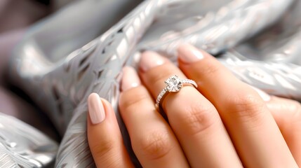 Elegant Diamond Ring on Woman's Finger, Close-up View. Fashionable Jewelry, Luxury Accessory. Perfect for Engagement Ads. AI