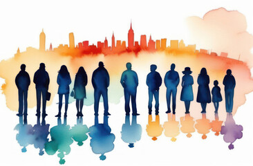 Silhouettes of people standing in front of a big city, watercolor drawing. Population in the city