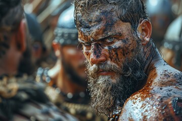 A close-up of a fierce warrior mid-battle, highlighting his intense expression and battle marks