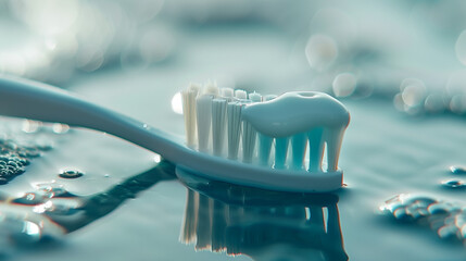 A toothbrush with toothpaste on bristles touches the surface of the water, close up photo in blue tones - Powered by Adobe