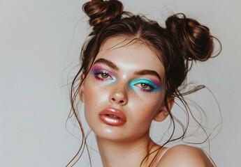Naklejka premium portrait of an attractive woman with blue eyeshadow and pink lipstick