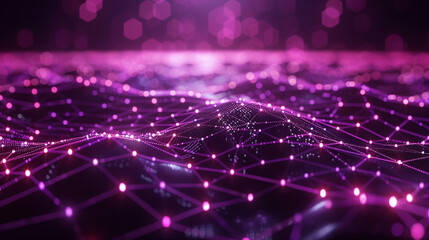 Dark purple digital landscape with glowing nodes and connections, emphasizing secure networks.