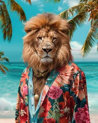 A stylish lion poses confidently wearing a colorful floral shirt, with palm trees and blue skies as the backdrop