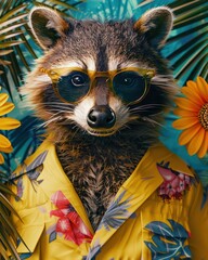 A raccoon dressed in a vibrant yellow shirt with floral design, surrounded by yellow flowers and palm leaves