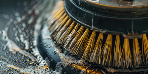 Close-up spinning brushes on a commercial cleaner, background with copy space, banner for professional cleaning and janitorial service.