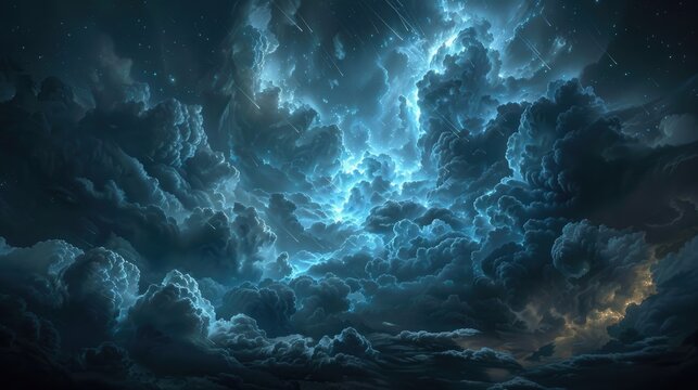A dark sky with a few clouds and a bright blue one