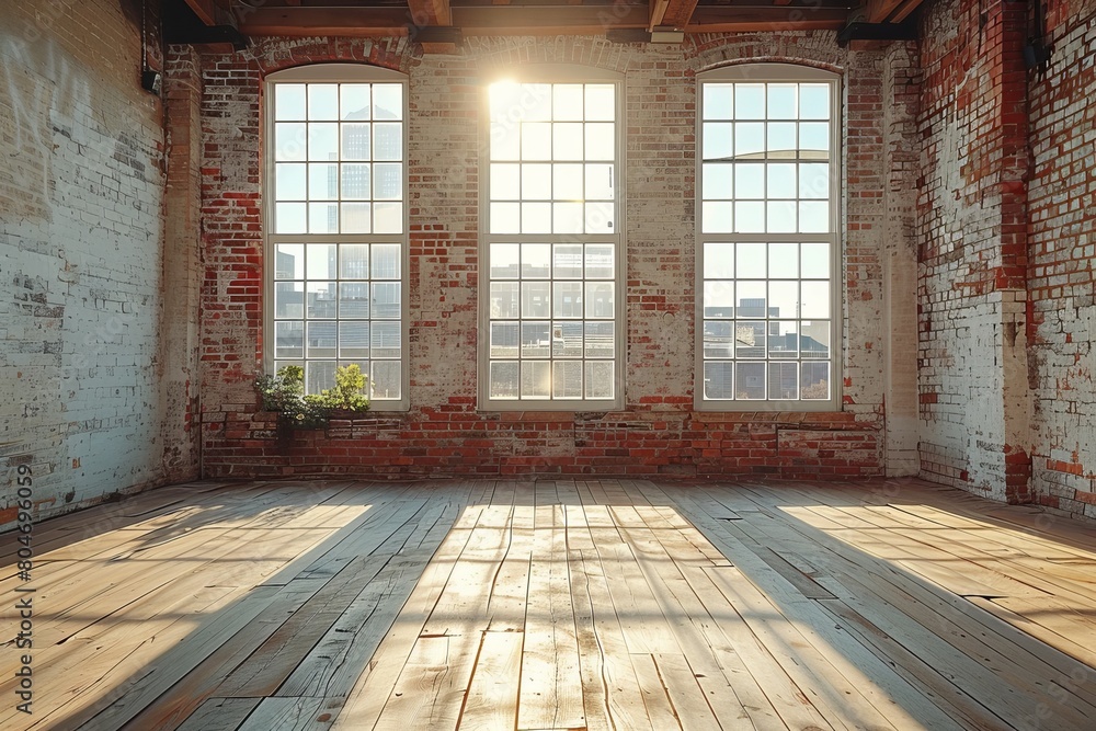 Poster an inviting empty loft space with sun streaming through large arched windows, casting shadows on the