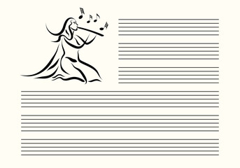 Musical notes blank sheet with abstract woman playing native flute. Black lines on white background. Editable stroke vector.
