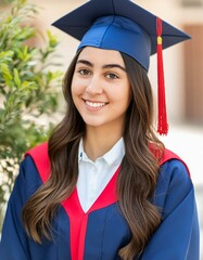 Latin Female Graduate - Celebrating Graduation from College or University - Wearing Graduation Attire - Graduation Hat and Robes - Succesfull Young Adult or Teenager Smiling and Happy