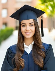 Latin Female Graduate - Celebrating Graduation from College or University - Wearing Graduation Attire - Graduation Hat and Robes - Succesfull Young Adult or Teenager Smiling and Happy