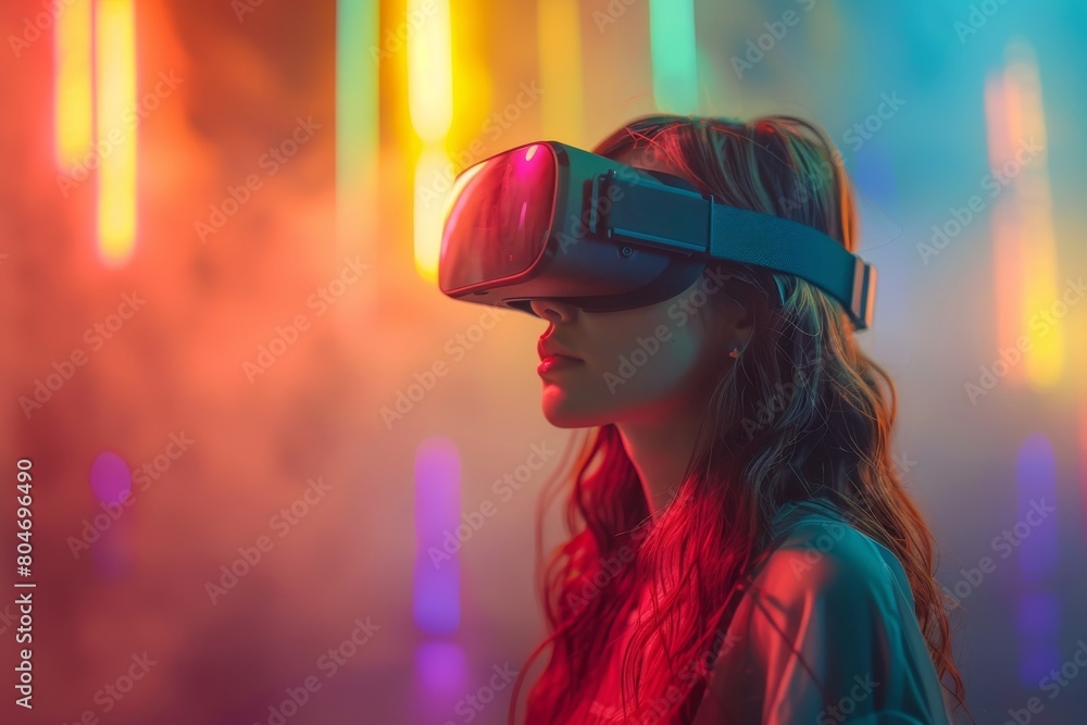 Poster an image of a person engrossed in a virtual reality session, encapsulated by lively neon lights and 