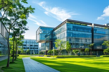 Modern university campus with glass buildings and green lawns, panoramic view of the building complex on a sunny day Generative AI