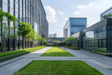 Fototapeta premium Modern office buildings with green lawns, low-rise architecture Generative AI