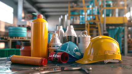 Fototapeta premium A collection of industrial safety equipment on a table, including helmets, goggles, and chemical containers, in a factory setting.