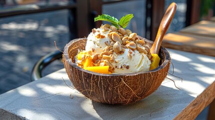 Fresh Thai coconut ice cream in a young coconut shell. Topped with roasted peanuts and diced mango. Concept of tropical desserts, Asian cuisine, exotic flavors, traditional dish