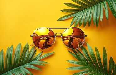 Trendy Summer Sunglasses with Mirror Reflection and Palm Leaves on Bright Yellow Background