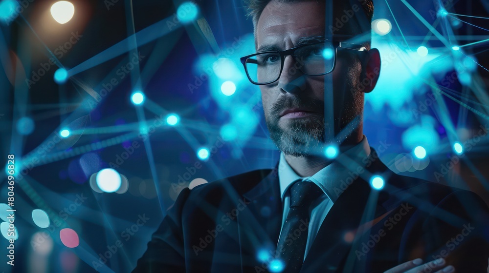 Poster a man in formal attire stands with virtual lines and nodes overlaying him, representing a network
