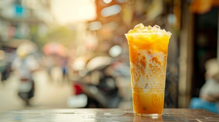 Traditional Thai iced tea in a tall glass, served chilled. Orange-colored tea with ice, in a cafe setting. Concept of refreshing beverages, Thai cuisine, summer drinks, Asian refreshment. Copy space
