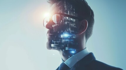 A double exposure captures a businessman's face overlaid with glowing cityscape digital codes, symbolizing technological identity