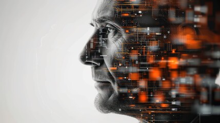 Close-up side profile of a man blending with a digital interface, symbolizing AI and digitization
