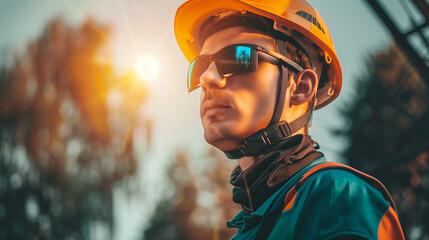 Close-up of a construction worker in a helmet with the sun setting in the background. - Powered by Adobe