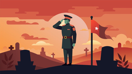 Solemn Salute A touching portrayal of a soldier saluting at a grave site during a sunset memorial service with a flag flying at halfmast in the. Vector illustration