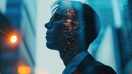 A concept piece blending a male silhouette with a digitized face overlay against a moody urban backdrop Represents the intersection of humanity and technology