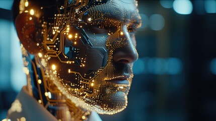 Image features elegant, abstract golden shapes shimmering against a defocused, dark blue backdrop, evoking luxury and exclusivity