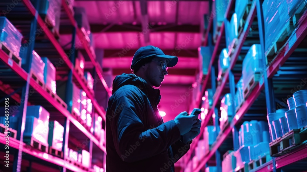 Poster professional warehouse worker checking and inspecting product quality at storage. engineer working a