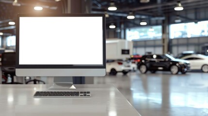 Naklejka premium An elegant contemporary desktop with a white blank screen situated inside a vibrant car showroom highlighting new model vehicles