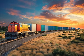 Fototapeta premium Global business of Container Cargo freight train for Business logistics concept, Air cargo trucking, Rail transportation and maritime shipping, Online goods orders worldwide