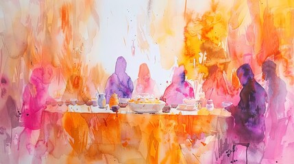 Abstract watercolor dining scene. Vivid portrayal of people gathered at a meal, painted in a splash of colors. Concept of communal dining, artistic interpretation, and vibrant gatherings.