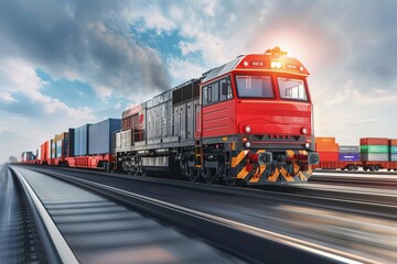 Fototapeta premium Global business of Container Cargo freight train for Business logistics concept, Air cargo trucking, Rail transportation and maritime shipping, Online goods orders worldwide