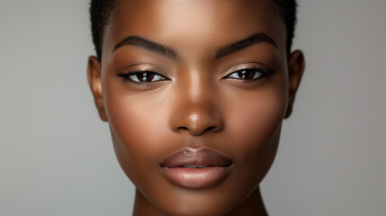 Fototapeta premium Close-up portrait of a young woman with flawless skin and natural makeup, looking directly at the camera.