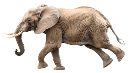 Obraz premium Majestic African Elephant in Motion, Isolated on White Background. Perfect for Educational Material and Wildlife Projects. Photorealistic Image. AI