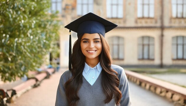 Indian Female Graduate - Celebrating Graduation from College or University - Wearing Graduation Attire - Graduation Hat and Robes - Succesfull Young Adult or Teenager Smiling and Happy