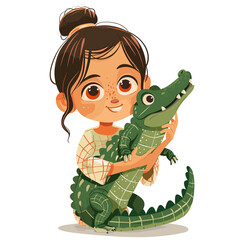 vector girl holding a crocodile on a white background. Generative AI