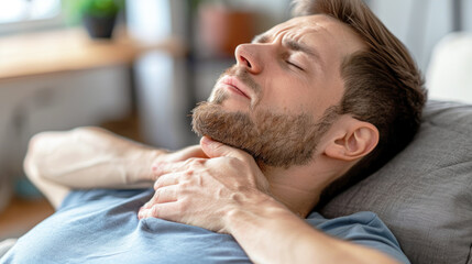A man holds his sore neck. Sore throat, thyroid disease.