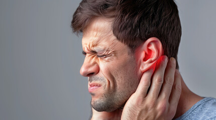 Obraz premium Myofascial pain syndrome. Ear pain, otitis media, inflammation of the inner ear. A man holds his sore ear.