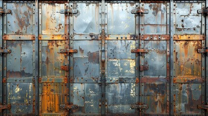 The image is of a rusted metal door with a lot of holes and rust