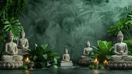Vesak, wesak Day Celebration Banner Featuring Buddha Statues and Lush Greenery