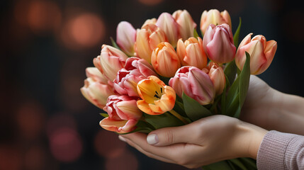 A woman's hand holds a vase with a bouquet of tulips